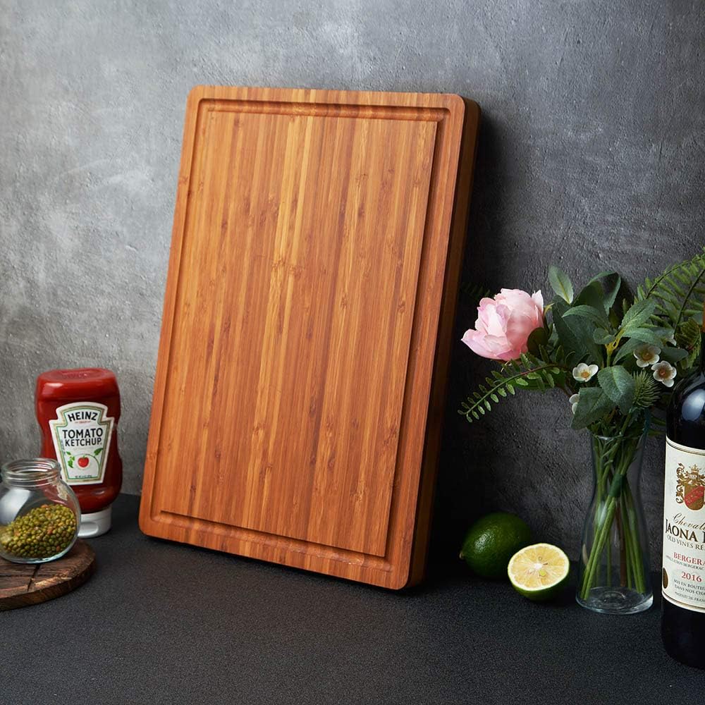 Bamboo Wood Cutting Board, 16x11 Inch, 1 Inch Thick, with Side Handles & Juice Grooves