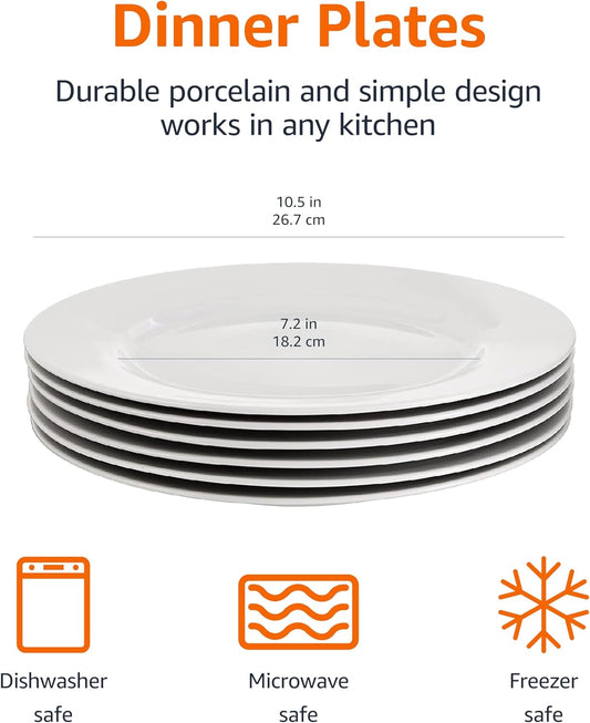 6-Pc White Dinner Plate Set, 10.5 Inch, Microwave & Dishwasher Safe