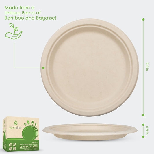 Ecovita 150Pcs Compostable Plates, 9 Inch, Eco Friendly, Sturdy