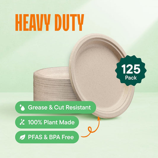 125-Pack Compostable Paper Plates, 9 Inch, Heavy Duty, Natural Brown