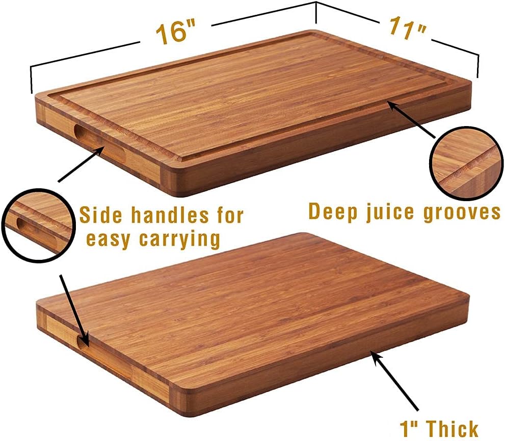 Bamboo Wood Cutting Board, 16x11 Inch, 1 Inch Thick, with Side Handles & Juice Grooves
