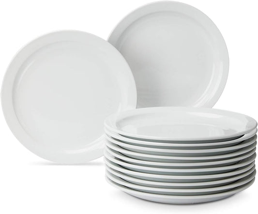 12-Pc Porcelain Plate Set, 9 Inch, Narrow Rim, White, Microwave Safe