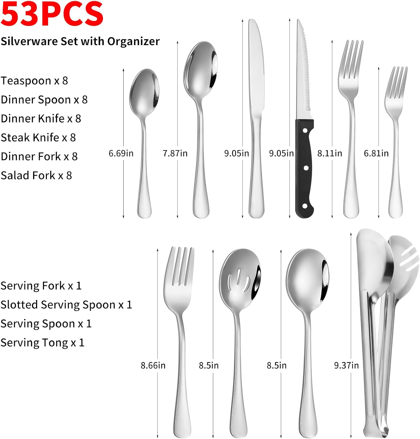 53-Pc Silverware Set, 8 Places, with Organizer & Steak Knives, Silver