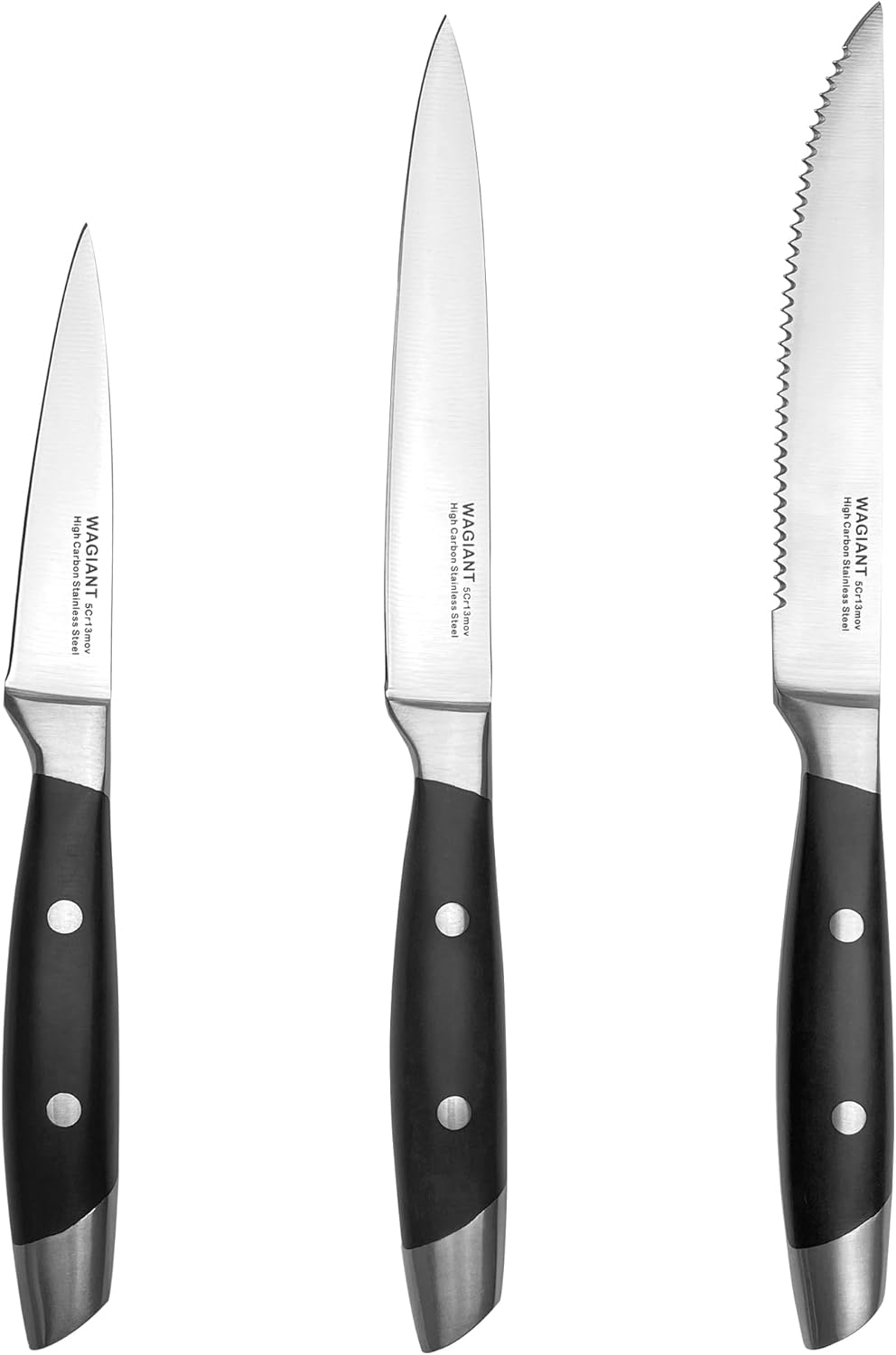 3-Pc Kitchen Knife Set, High-Carbon Steel, Black Handle, 3.5 & 5 Inch