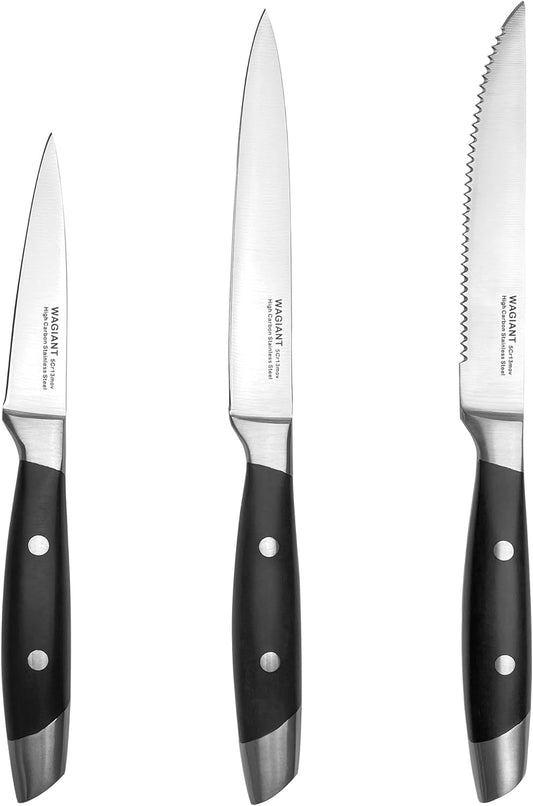 3-Pc Kitchen Knife Set, High-Carbon Steel, Black Handle, 3.5 & 5 Inch