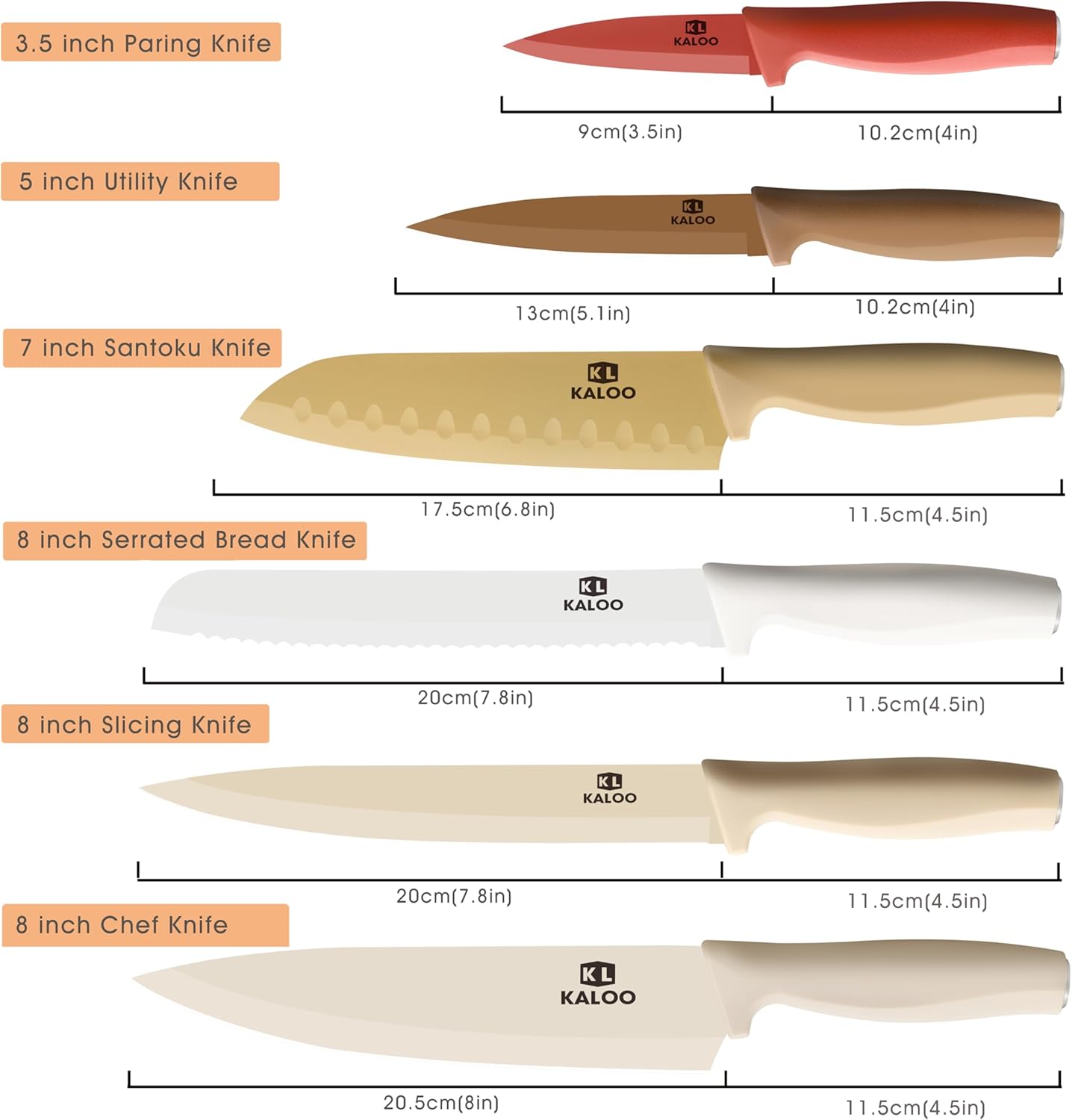 12-Pc Knife Set, Kaloo, Stainless Steel, with Guards, Dishwasher Safe, Brown