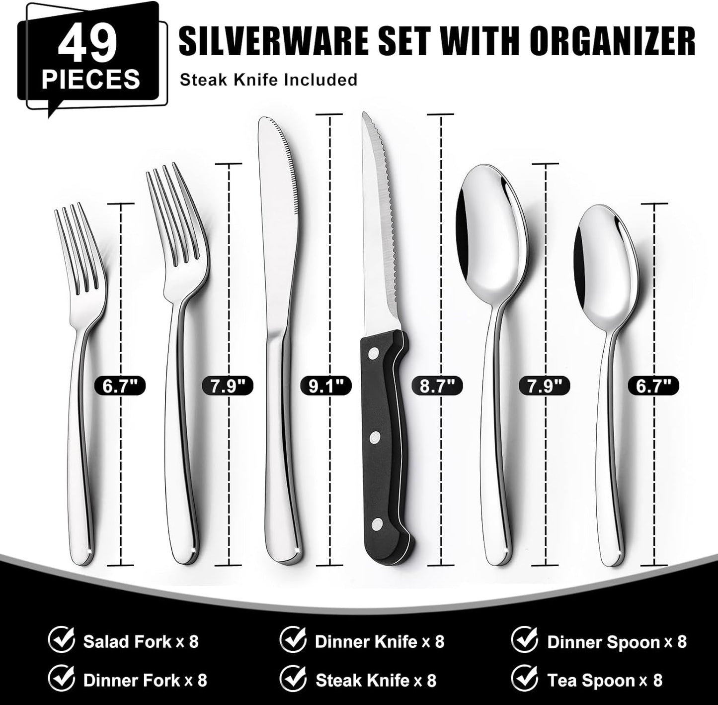 49-Pc Silverware Set, 8 Places, with Organizer & Steak Knives, Heavy Duty