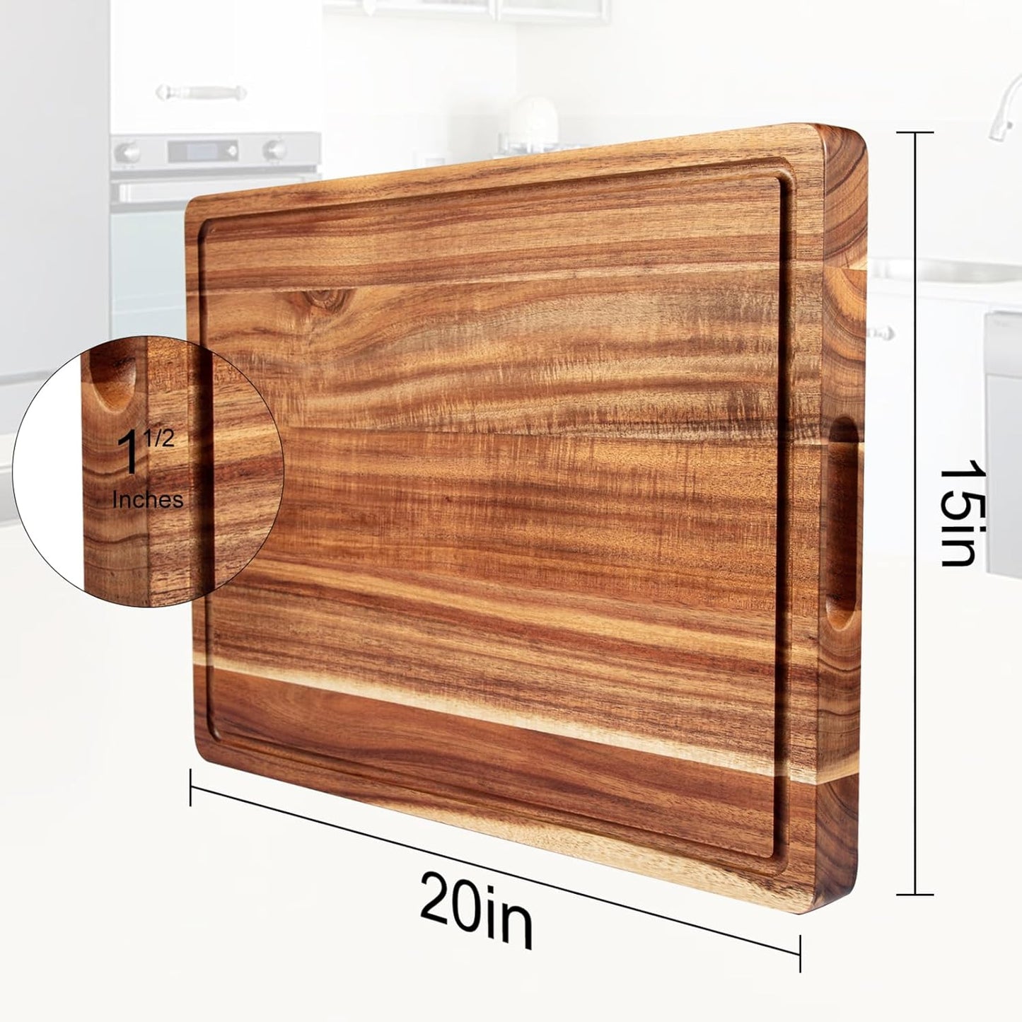 20-Inch Acacia Cutting Board, 1.5-Inch Thick, Reversible, with Juice Groove