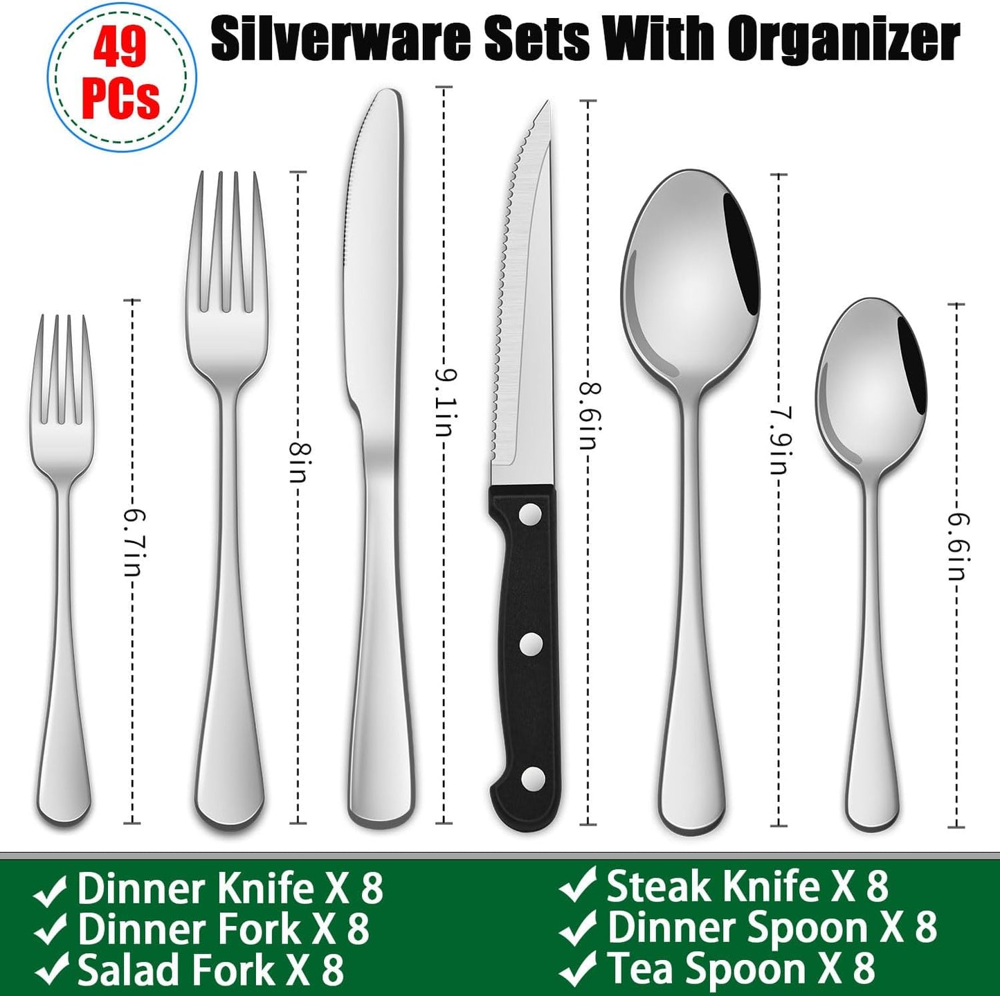 49-Pc Silverware Set, 8 Places, with Organizer & Steak Knives, Dishwasher Safe