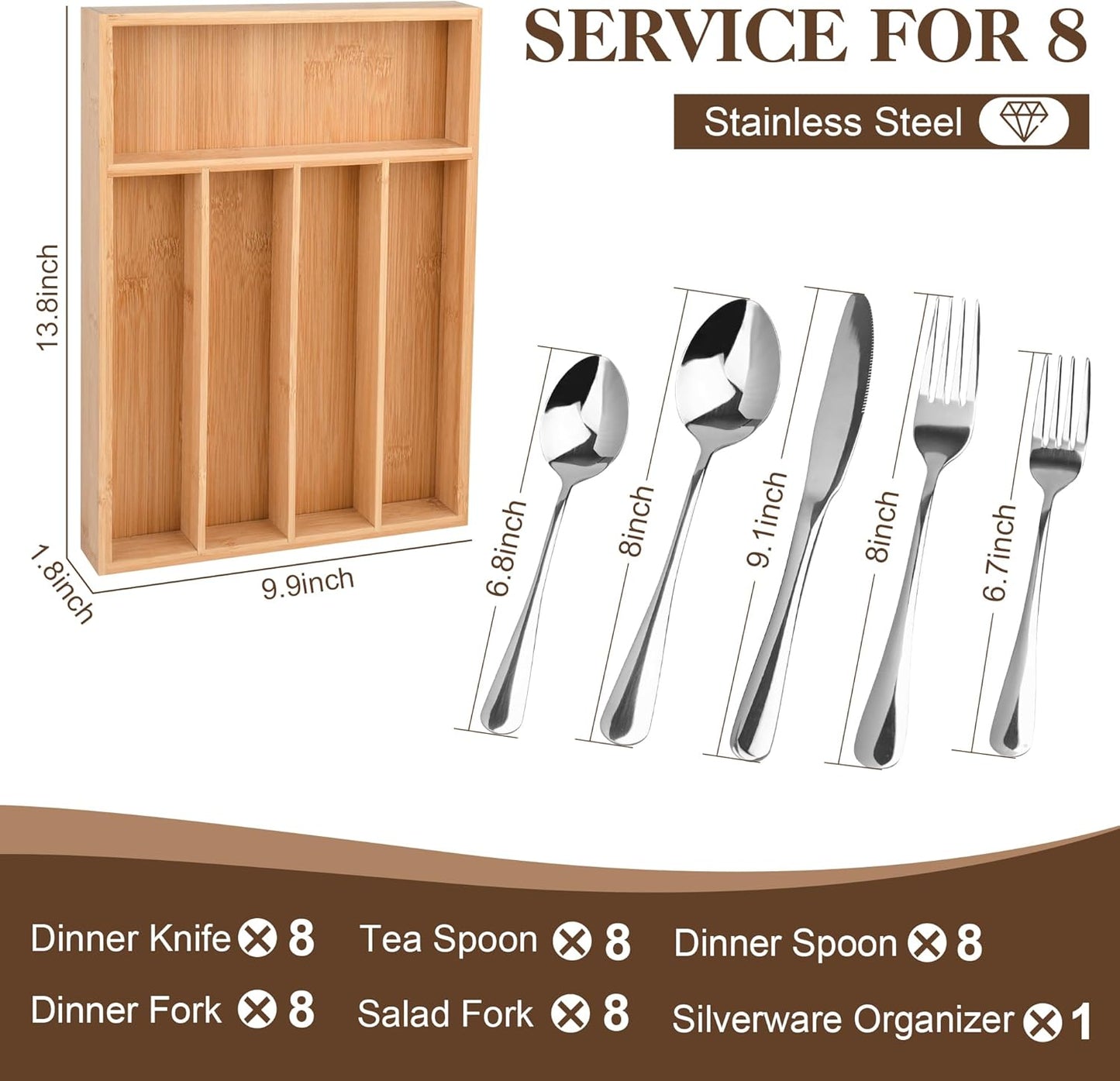 40-Pc Silverware Set, 8 Places, with Drawer Organizer, Rust-Proof