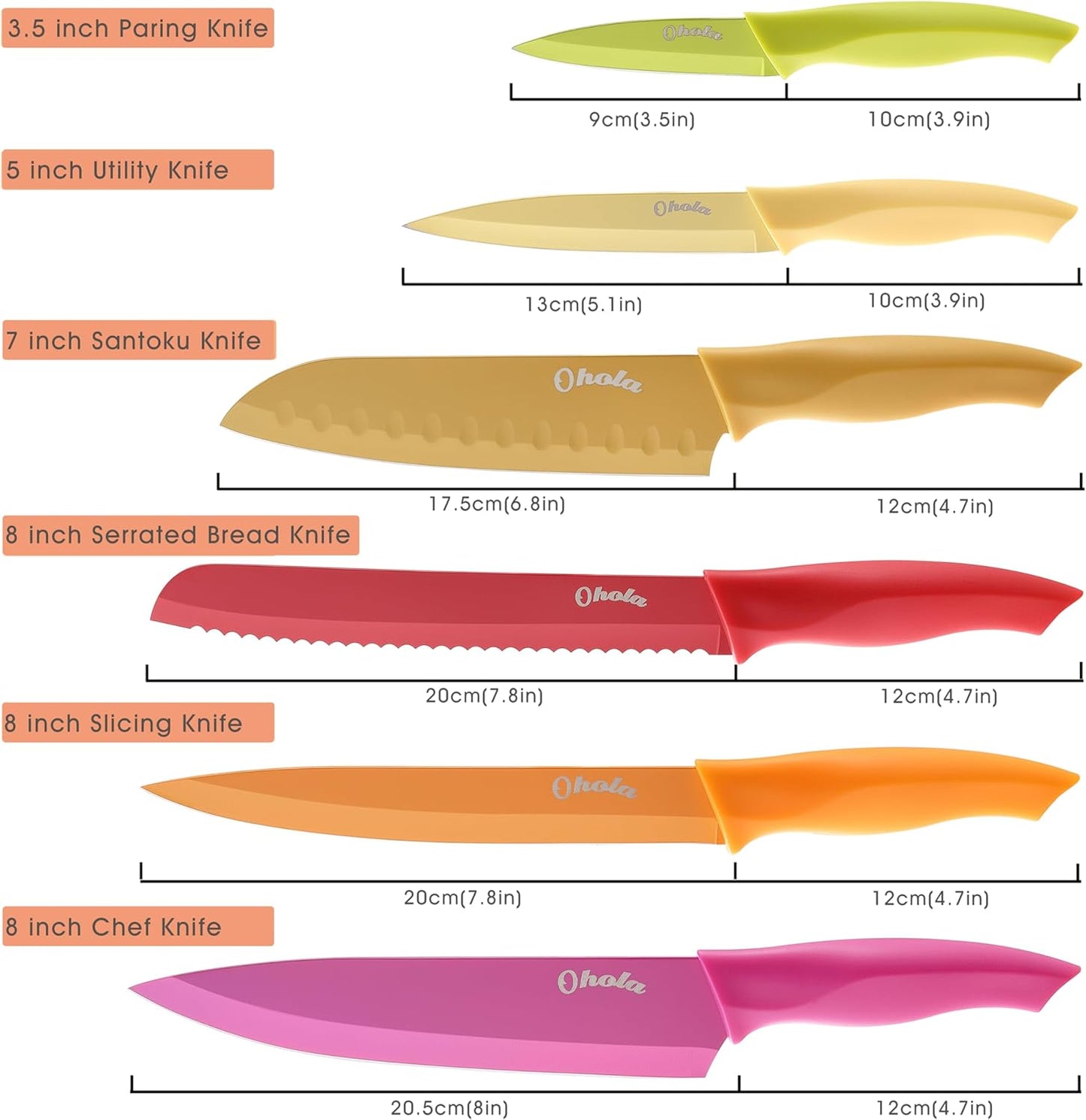 12-Pc Knife Set, OHOLA, Stainless Steel, with Sheaths, Dishwasher Safe, Multicolor