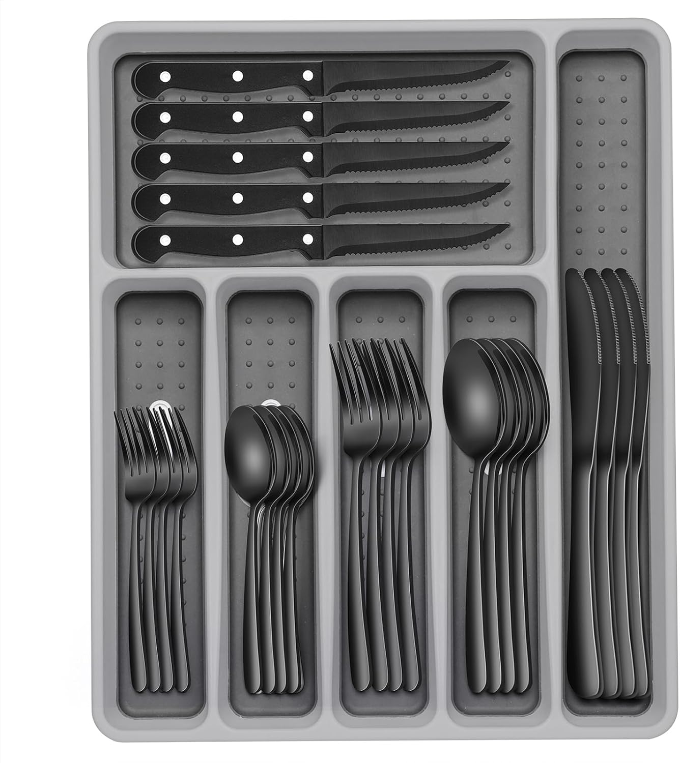 49-Pc Black Silverware Set, 8 Places, with Organizer & Steak Knives, Tree Pattern