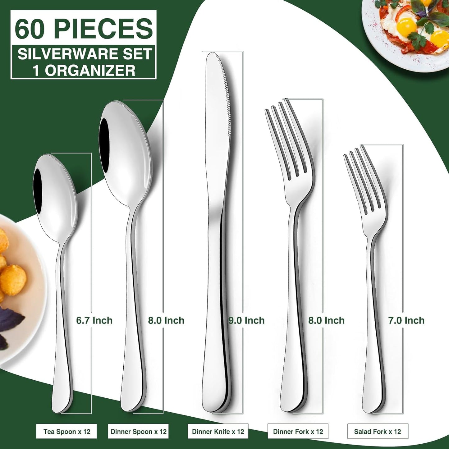 60-Pc Silverware Set, 12 Places, with Organizer, AIVIKI, Dishwasher Safe