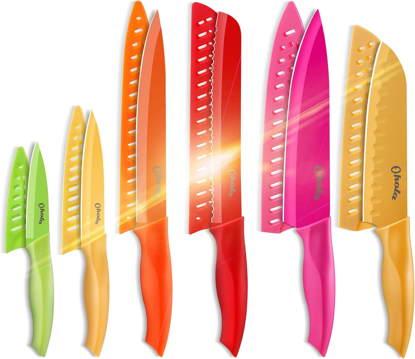 12-Pc Knife Set, OHOLA, Stainless Steel, with Sheaths, Dishwasher Safe, Multicolor