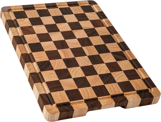 Checkered Acacia Cutting Board, 16.5x11.6 Inch, with Juice Grooves & Handles