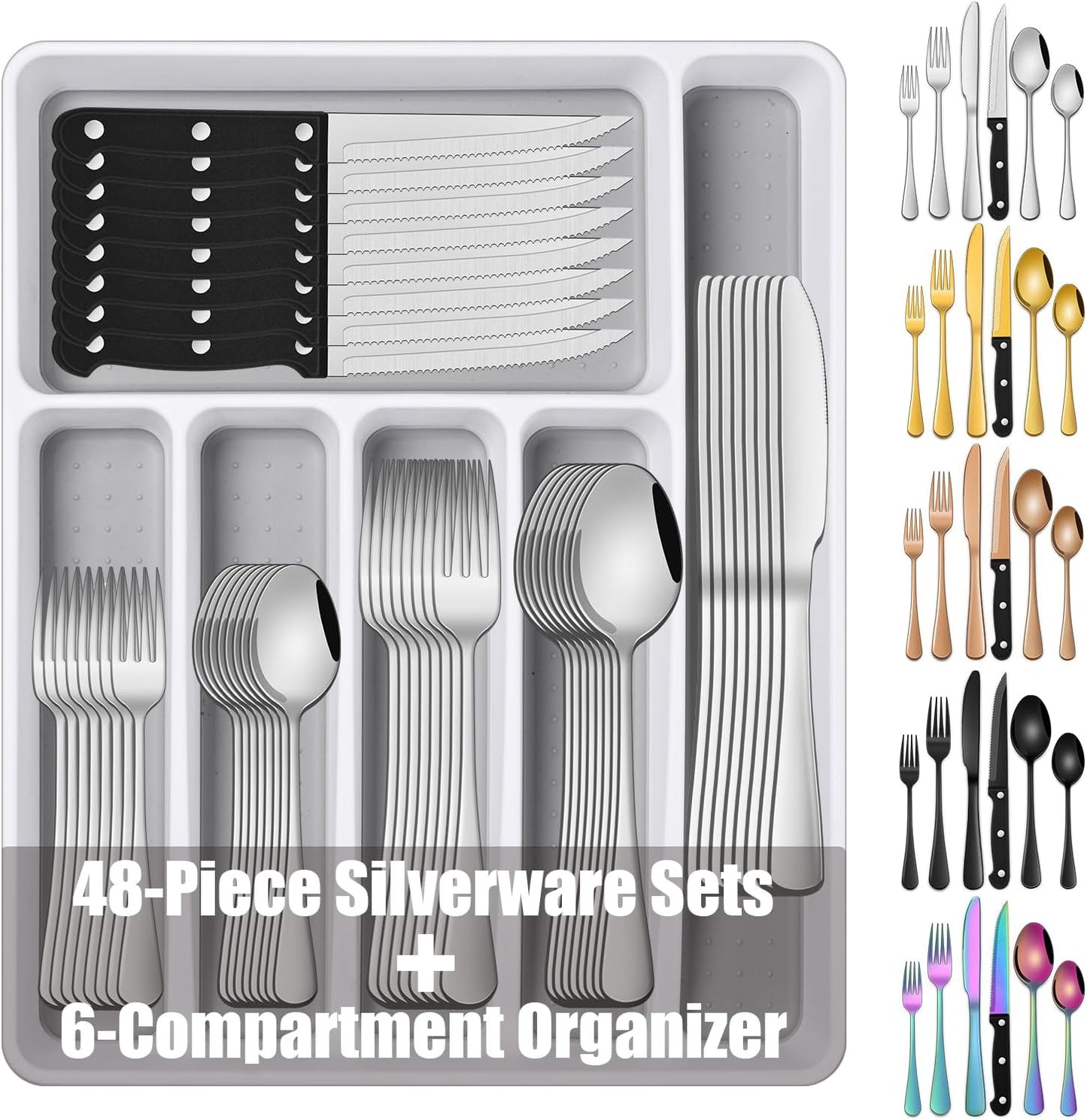 49-Pc Silverware Set, 8 Places, with Organizer & Steak Knives, Dishwasher Safe