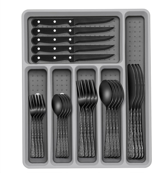 49-Pc Black Silverware Set, 8 Places, with Organizer & Steak Knives, Tree Pattern