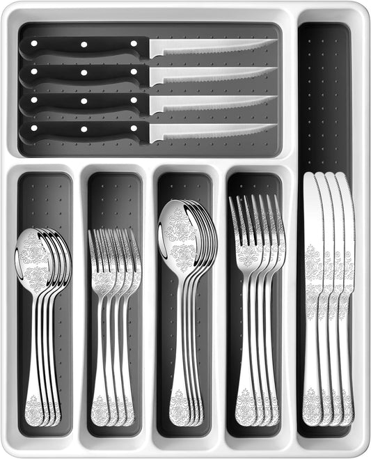 48-Pc Silverware Set, 8 Places, with Organizer & Steak Knives, Mirror Polish