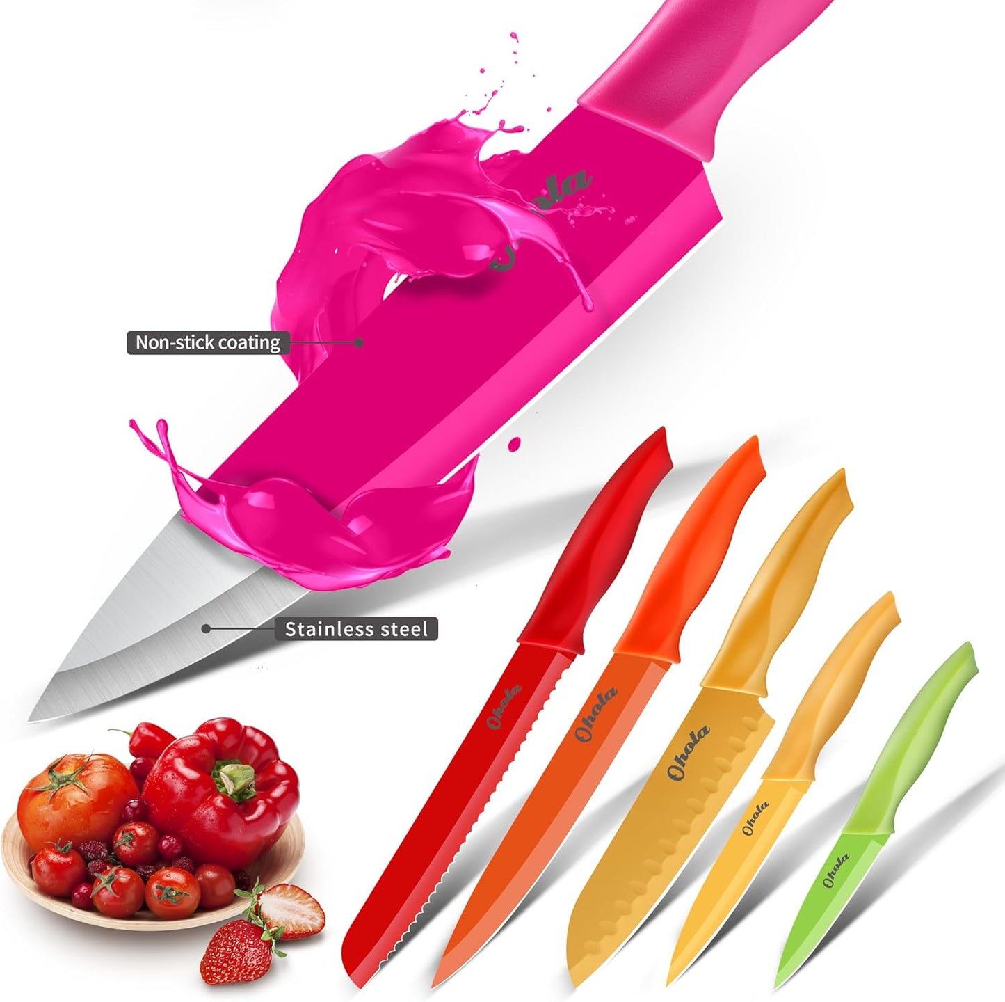 12-Pc Knife Set, OHOLA, Stainless Steel, with Sheaths, Dishwasher Safe, Multicolor
