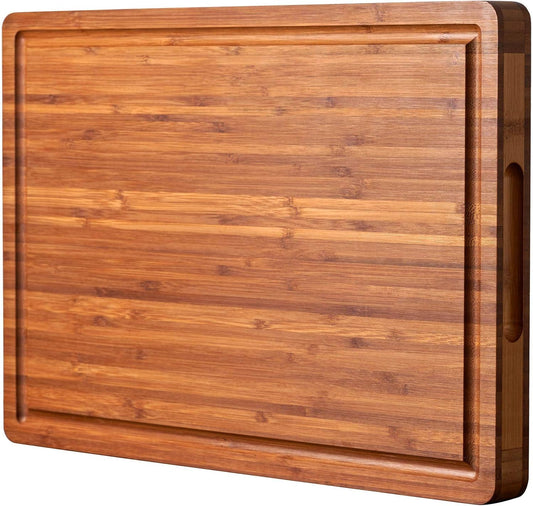 Bamboo Wood Cutting Board, 16x11 Inch, 1 Inch Thick, with Side Handles & Juice Grooves