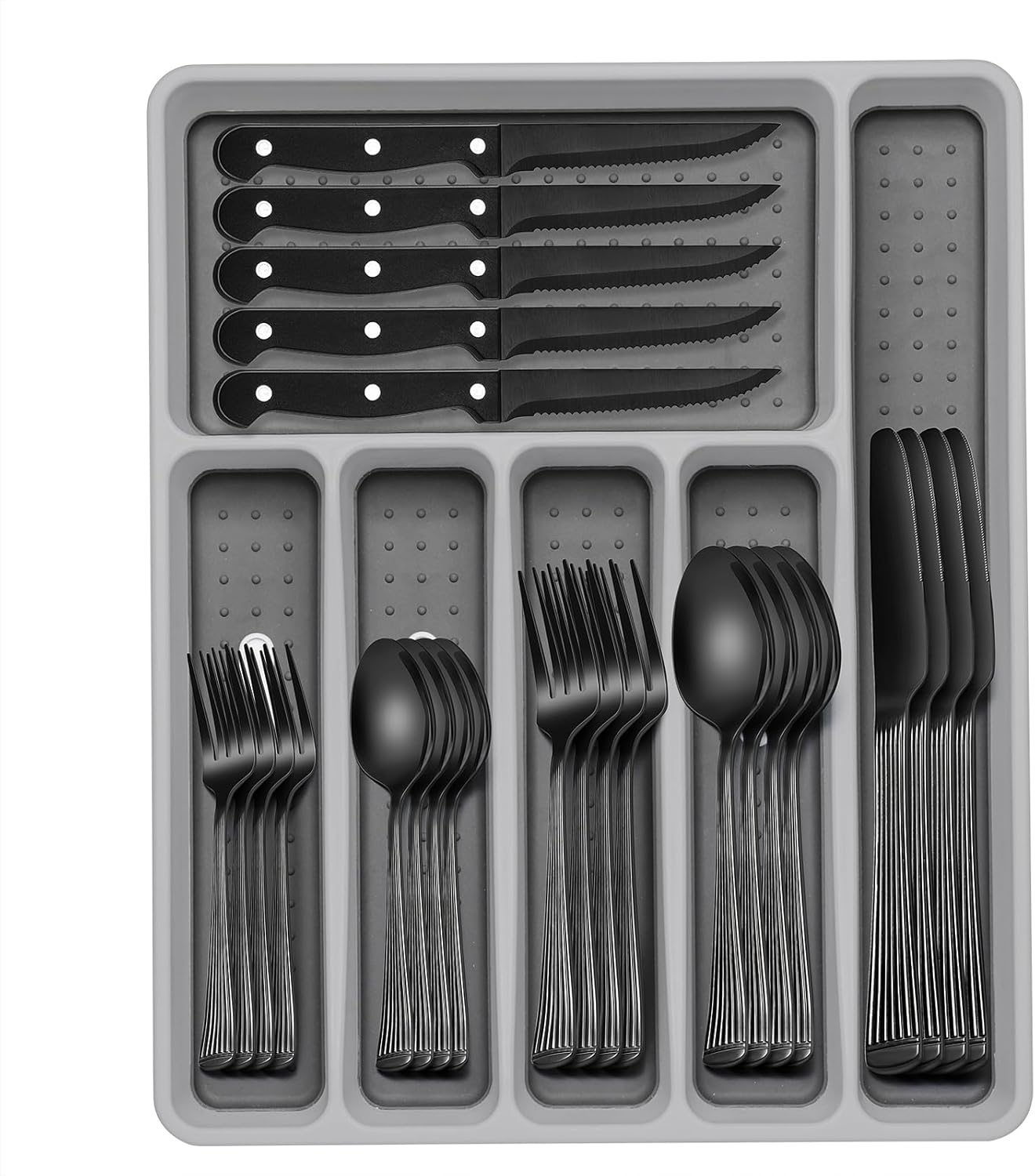 49-Pc Black Silverware Set, 8 Places, with Organizer & Steak Knives, Tree Pattern