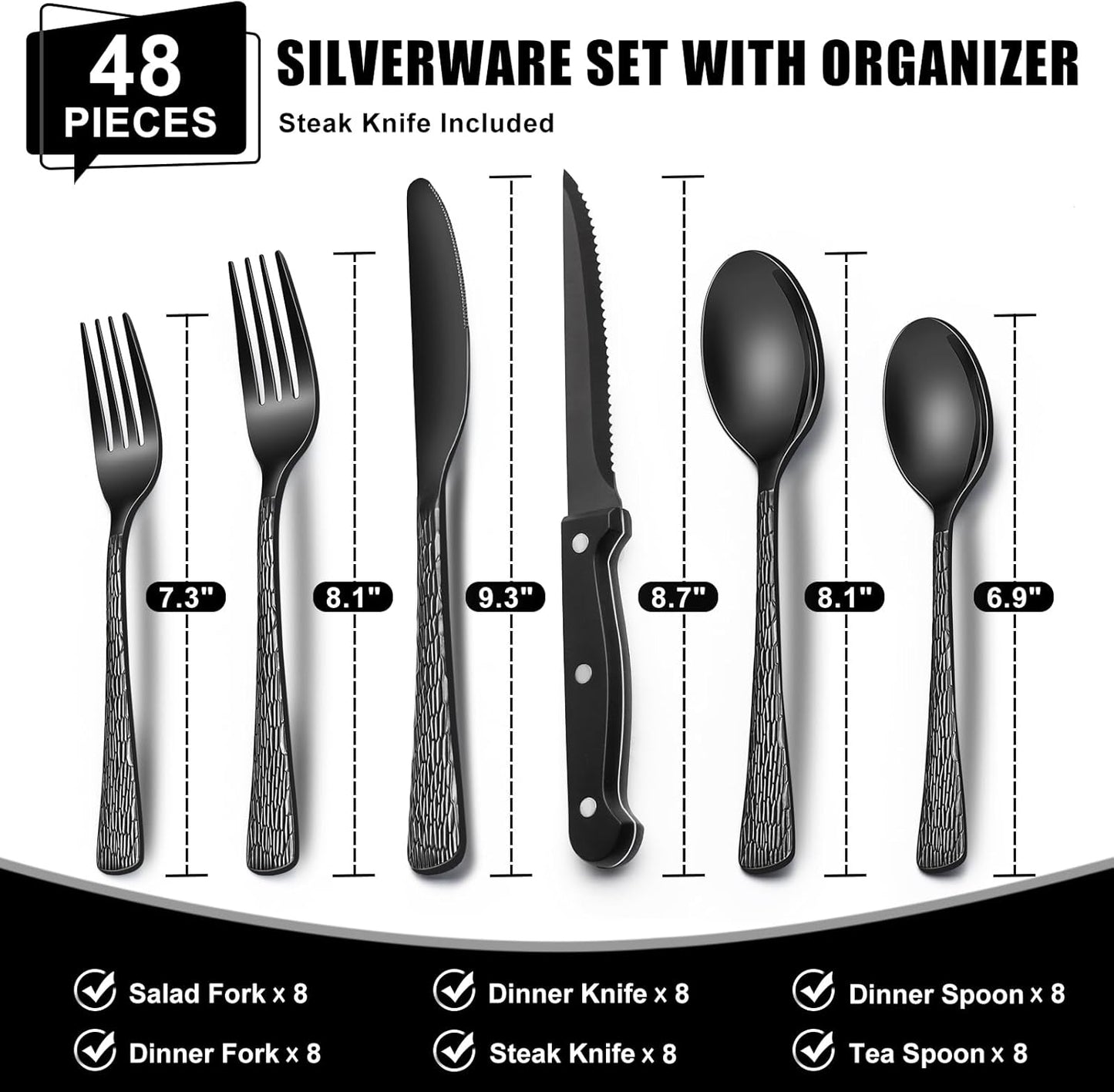 49-Pc Black Silverware Set, 8 Places, with Organizer & Steak Knives, Tree Pattern