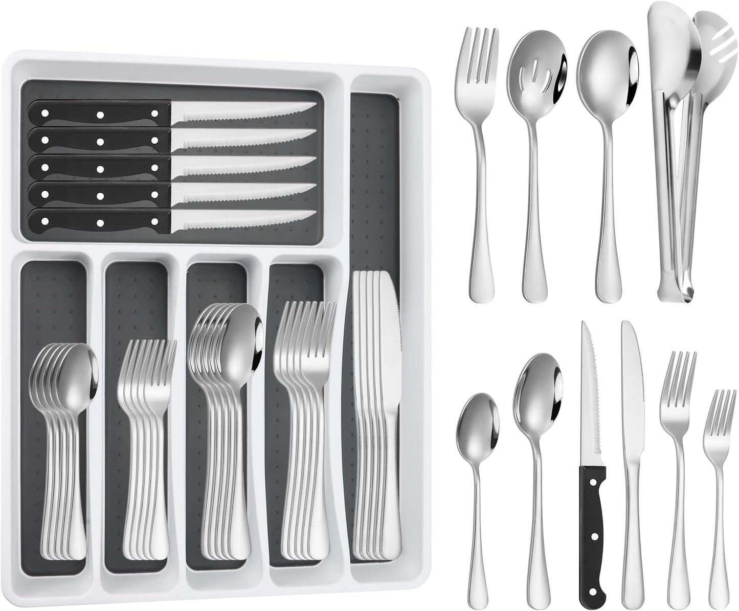 53-Pc Silverware Set, 8 Places, with Organizer & Steak Knives, Silver