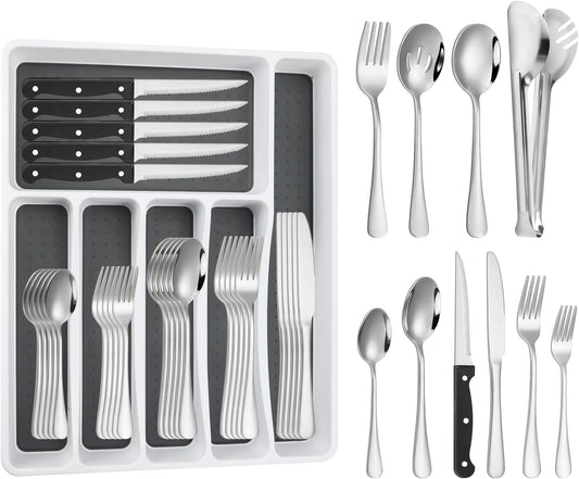 53-Pc Silverware Set, 8 Places, with Organizer & Steak Knives, Silver