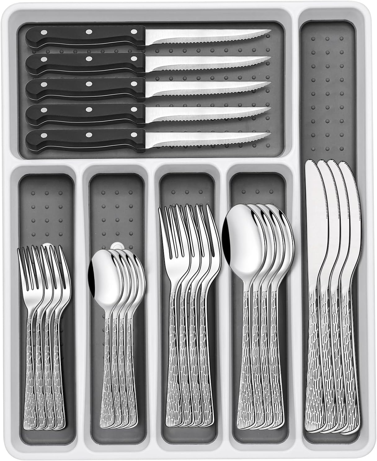 49-Pc Black Silverware Set, 8 Places, with Organizer & Steak Knives, Tree Pattern