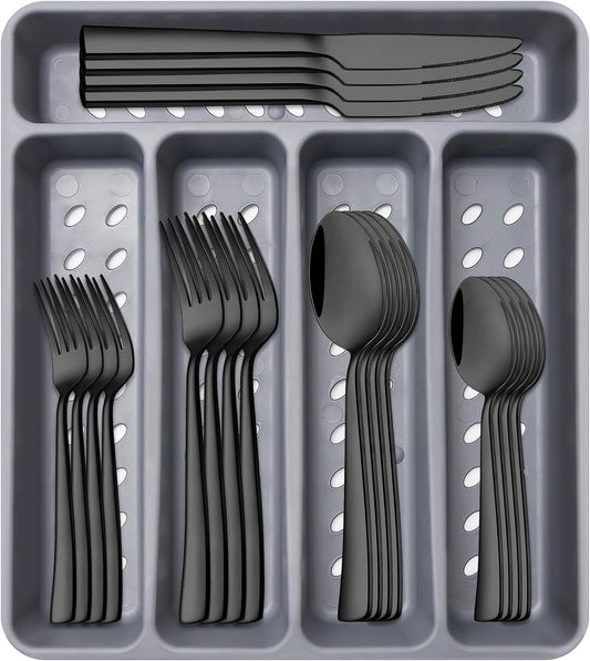 21-Pc Black Silverware Set, 4 Places, with Organizer, Dishwasher Safe