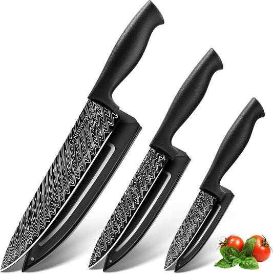 3-Pc Knife Set with Covers, Damascus Pattern, Chef, Utility & Paring