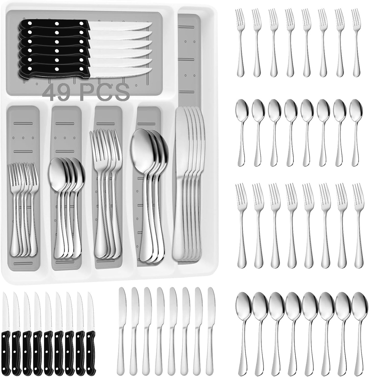 49-Pc Silverware Set, 8 Places, with Organizer, Forks, Spoons & Steak Knives