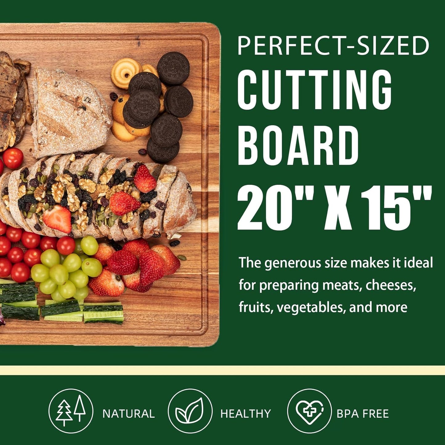 1.5-Inch Thick Acacia Cutting Board, 20x15 Inch, with Juice Groove & Handle