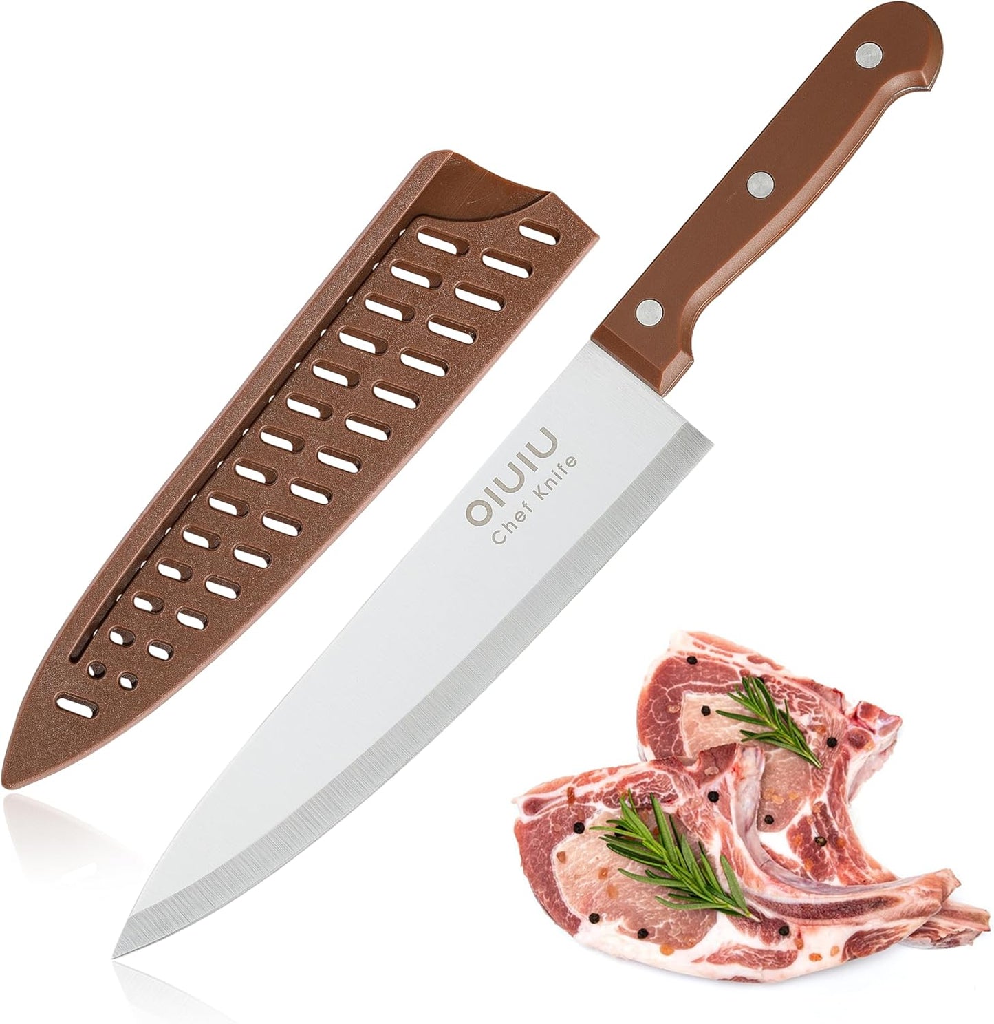 8-Inch Chef Knife with Sheath, German Steel, Ergonomic, Brown