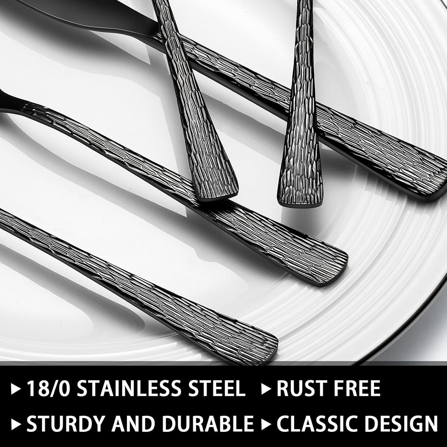 49-Pc Black Silverware Set, 8 Places, with Organizer & Steak Knives, Tree Pattern