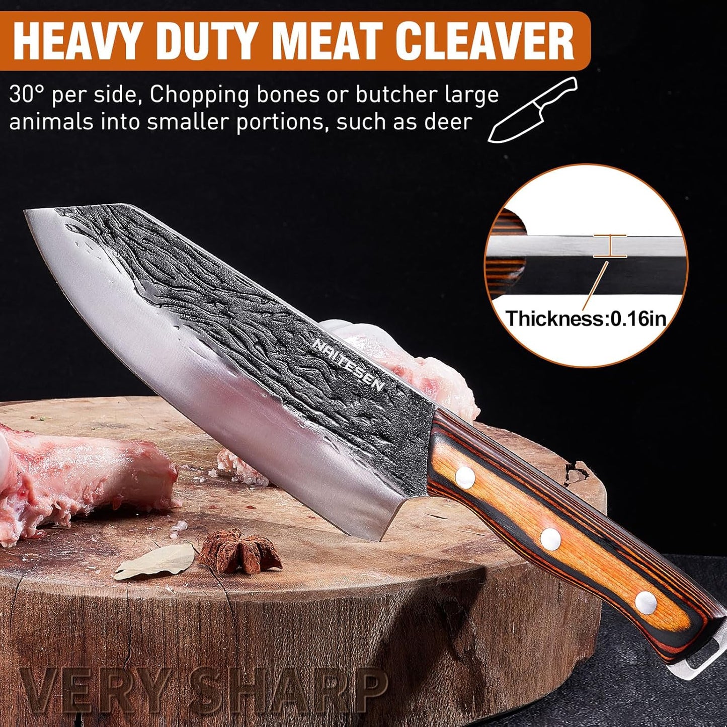 4-Pc Butcher Knife Set, Hand Forged, Heavy Duty, Meat Cleaver
