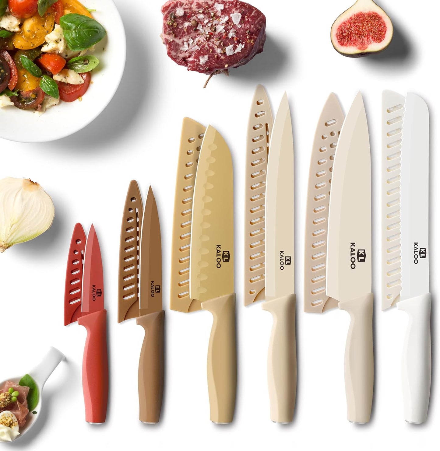 12-Pc Knife Set, Kaloo, Stainless Steel, with Guards, Dishwasher Safe, Brown