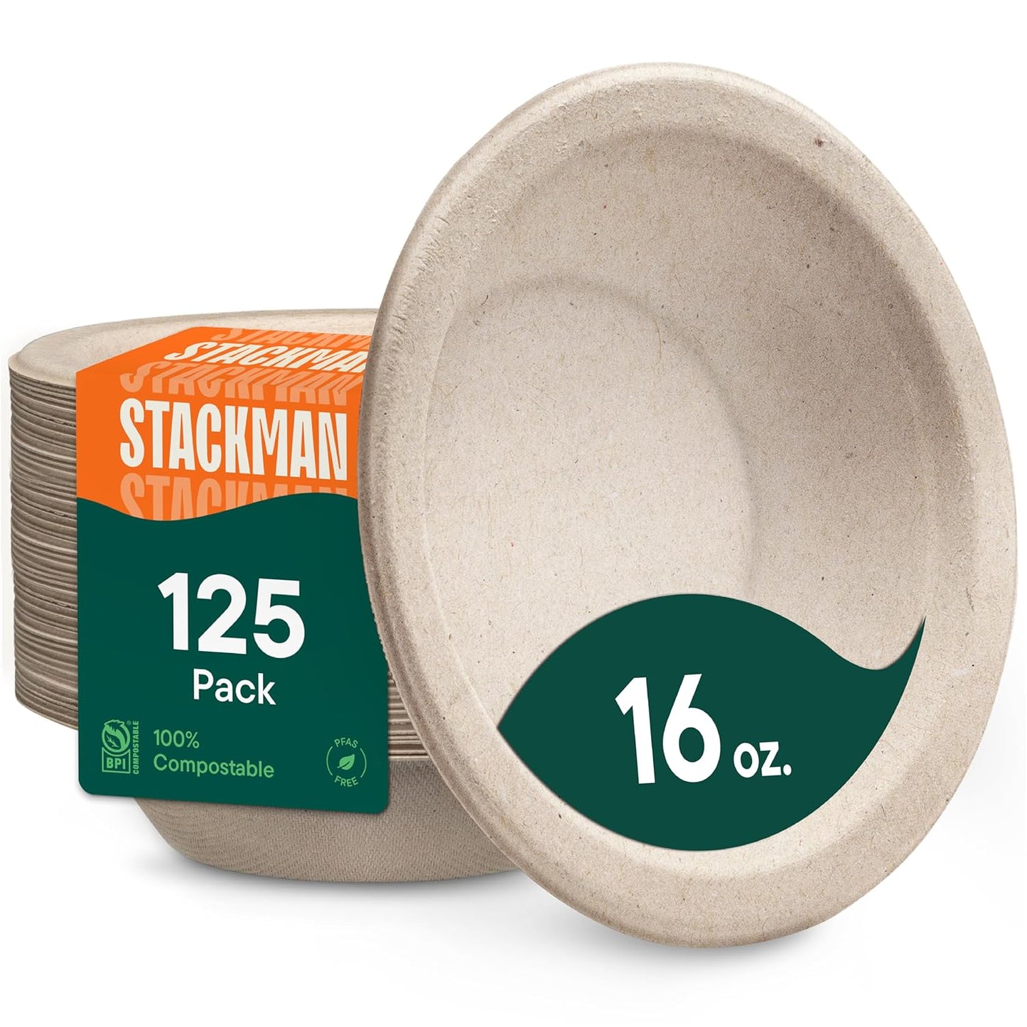 125-Pack Compostable Paper Bowls, 16 oz, PFAS-Free, Natural Brown