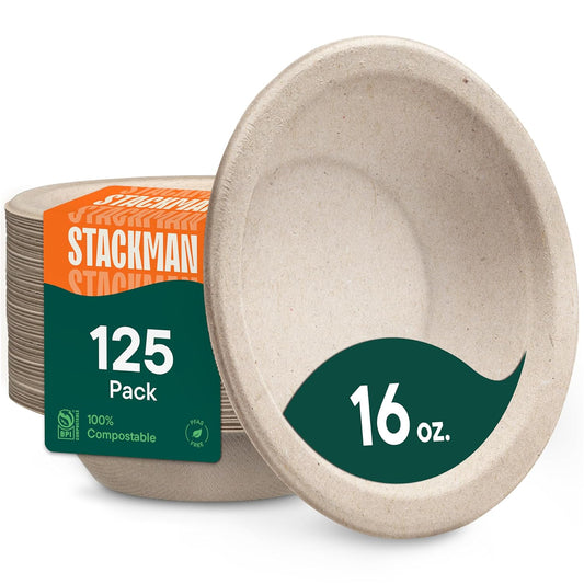 125-Pack Compostable Paper Bowls, 16 oz, PFAS-Free, Natural Brown