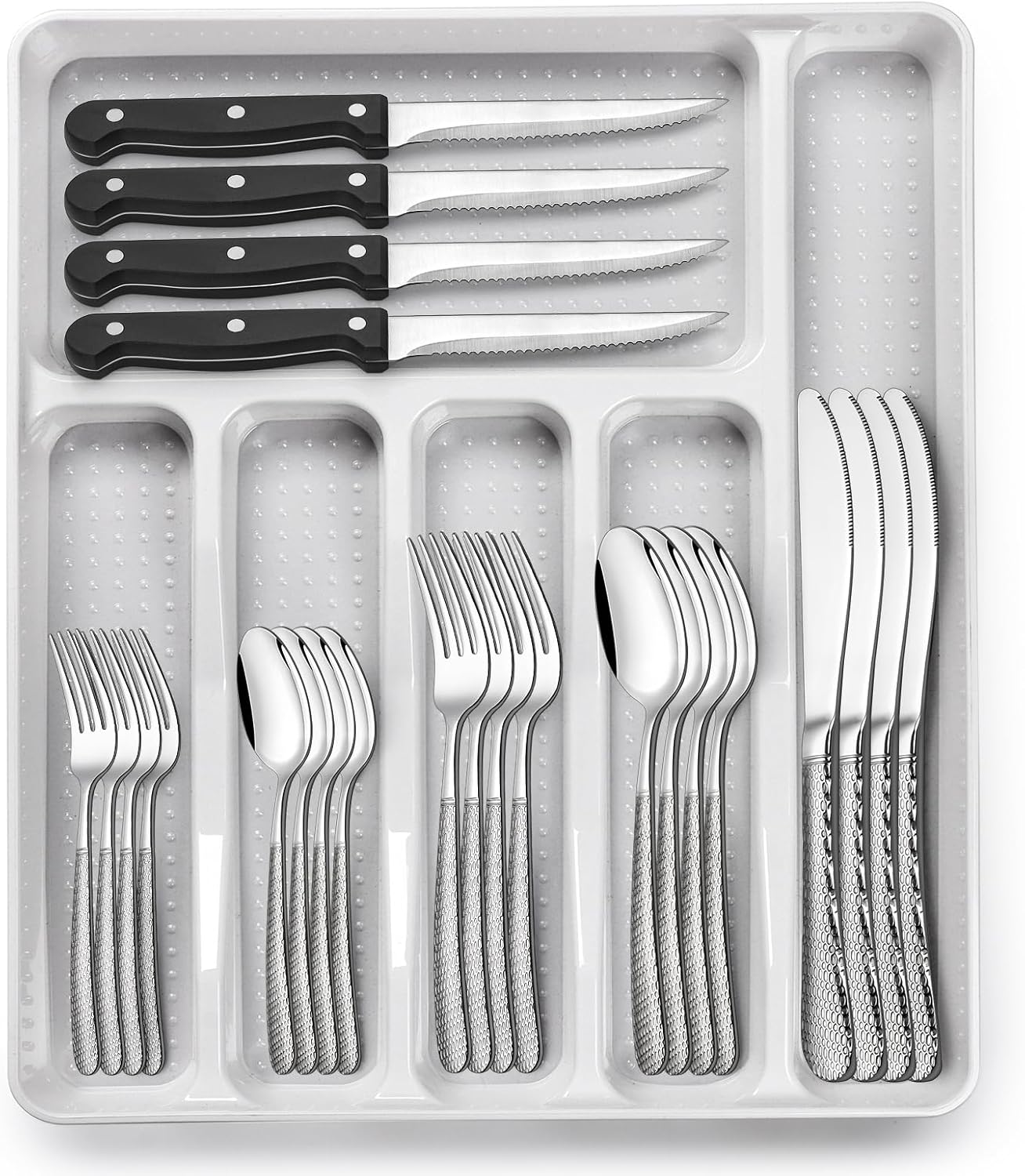 49-Pc Black Silverware Set, 8 Places, with Organizer & Steak Knives, Tree Pattern