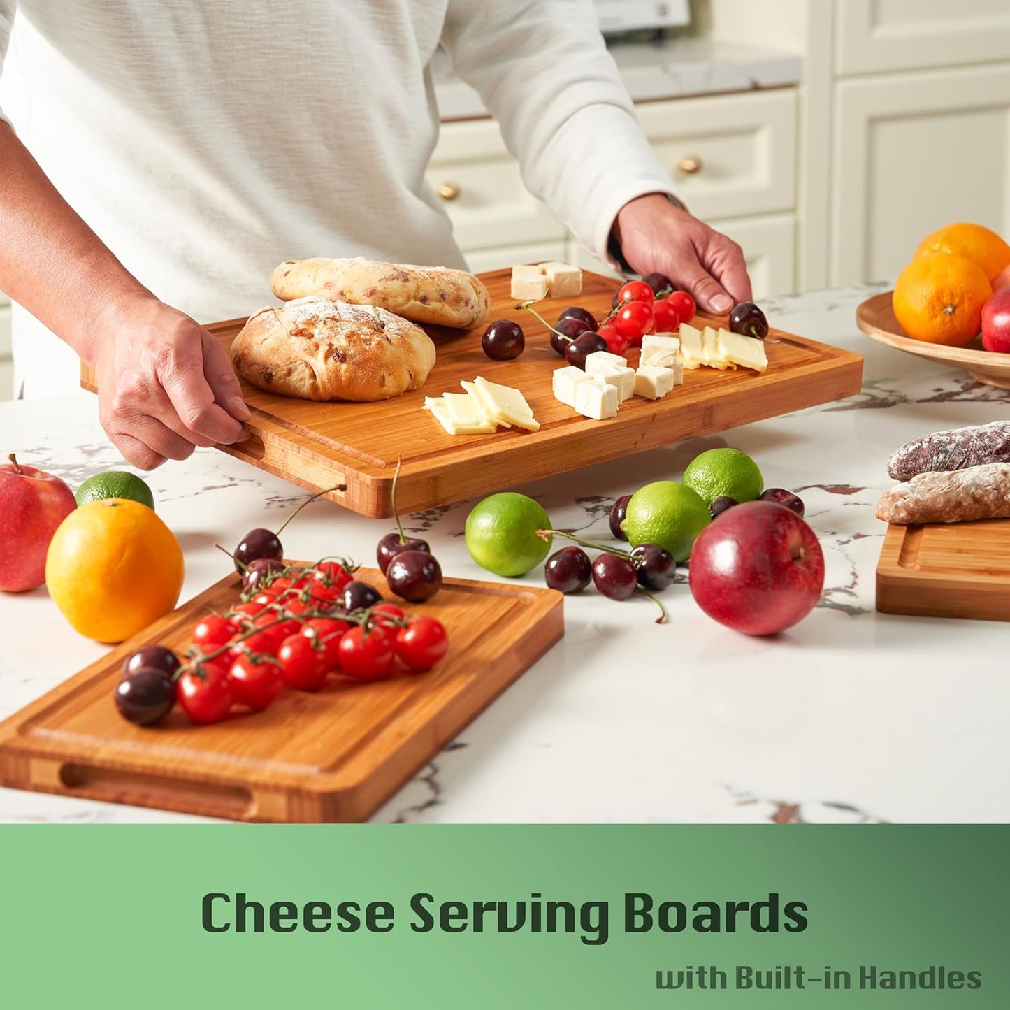 Bamboo Wood Cutting Board, 16x11 Inch, 1 Inch Thick, with Side Handles & Juice Grooves