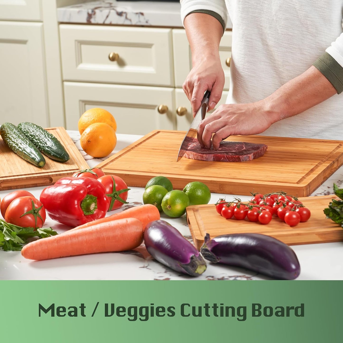 Bamboo Wood Cutting Board, 16x11 Inch, 1 Inch Thick, with Side Handles & Juice Grooves