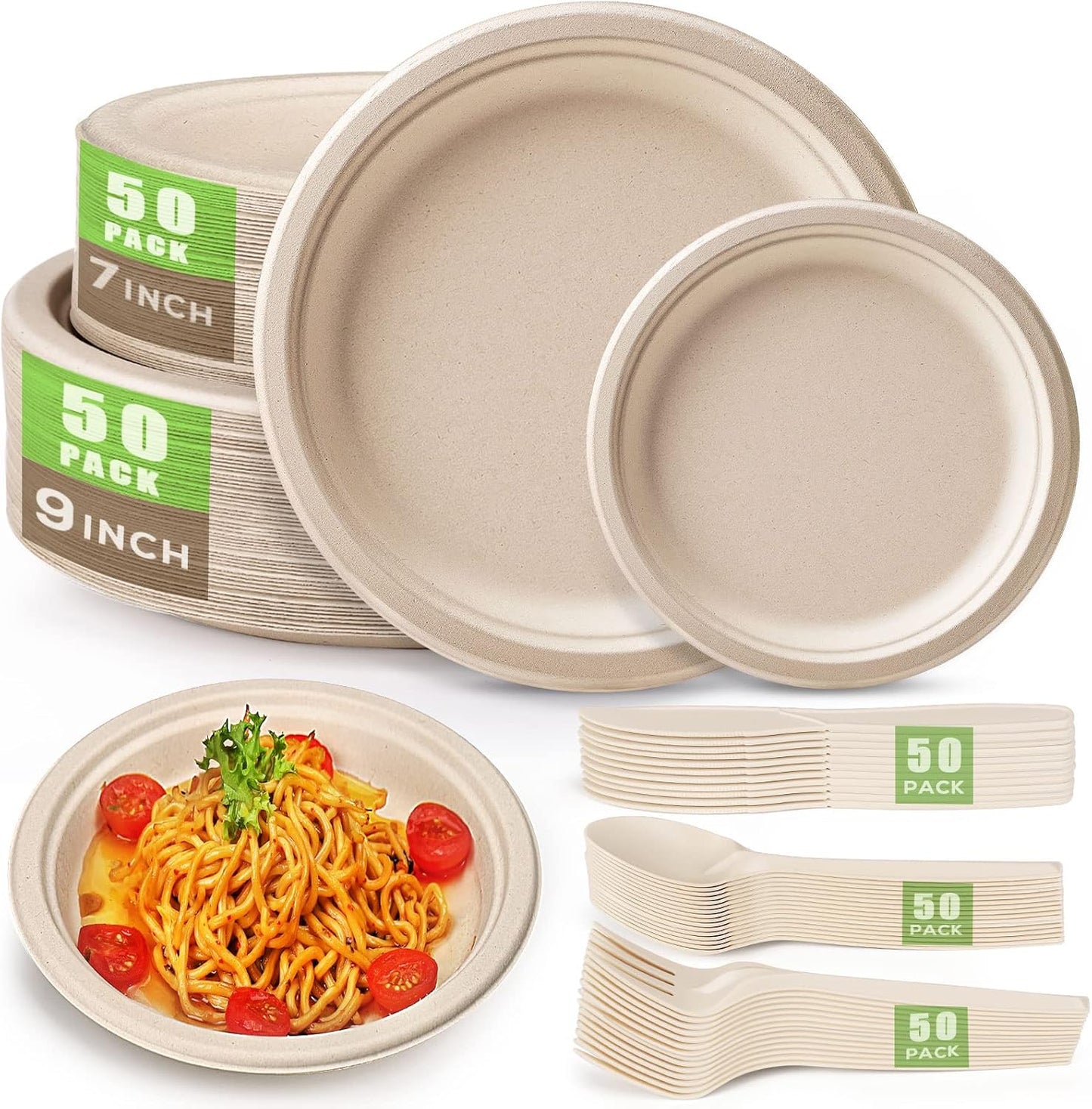 Gezond 250Pcs Disposable Set, Compostable Plates & Cutlery, Eco Friendly