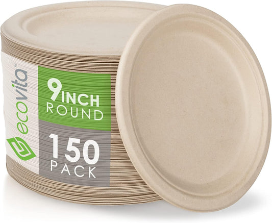 Ecovita 150Pcs Compostable Plates, 9 Inch, Eco Friendly, Sturdy