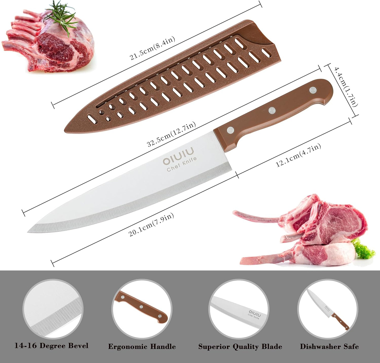 8-Inch Chef Knife with Sheath, German Steel, Ergonomic, Brown