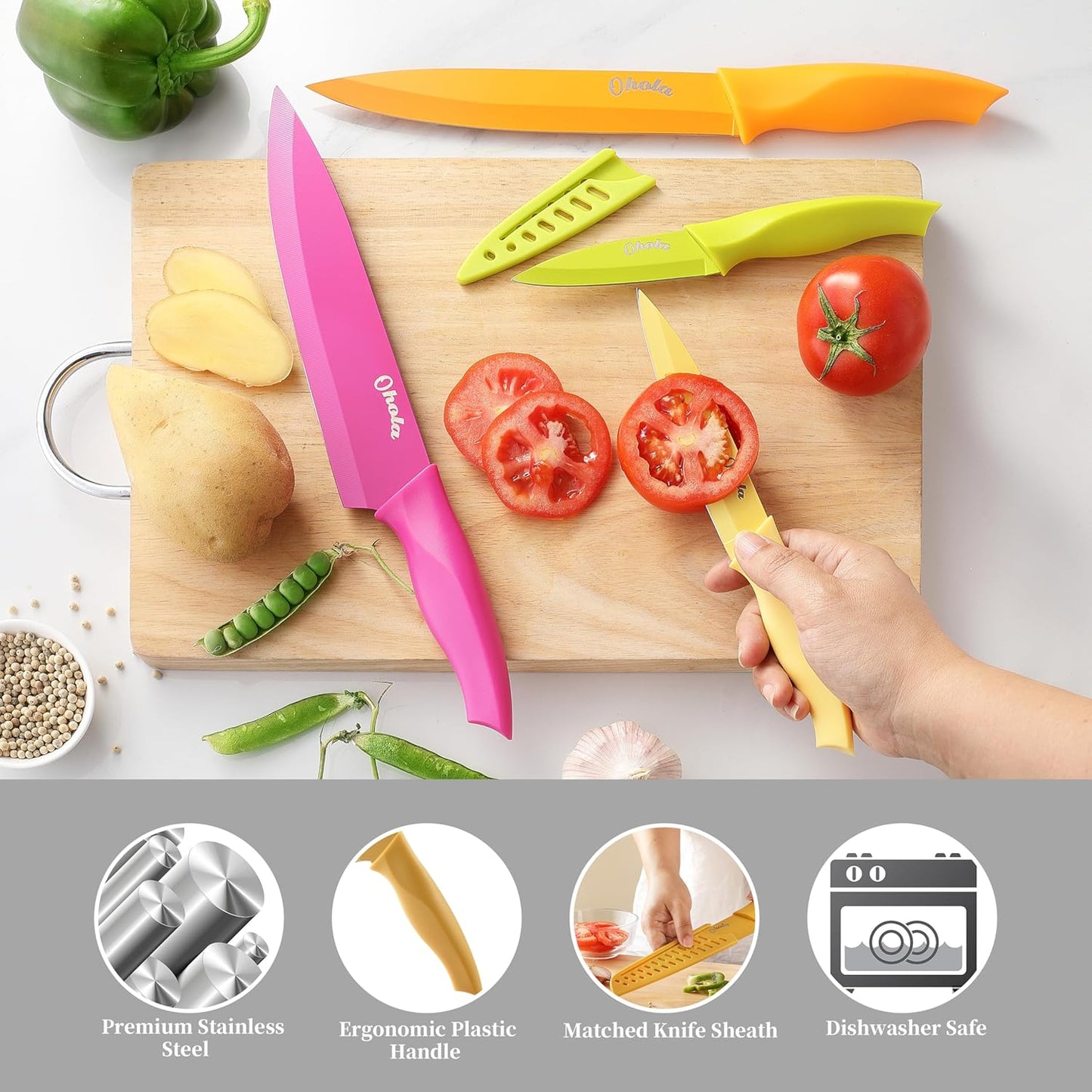 12-Pc Knife Set, OHOLA, Stainless Steel, with Sheaths, Dishwasher Safe, Multicolor