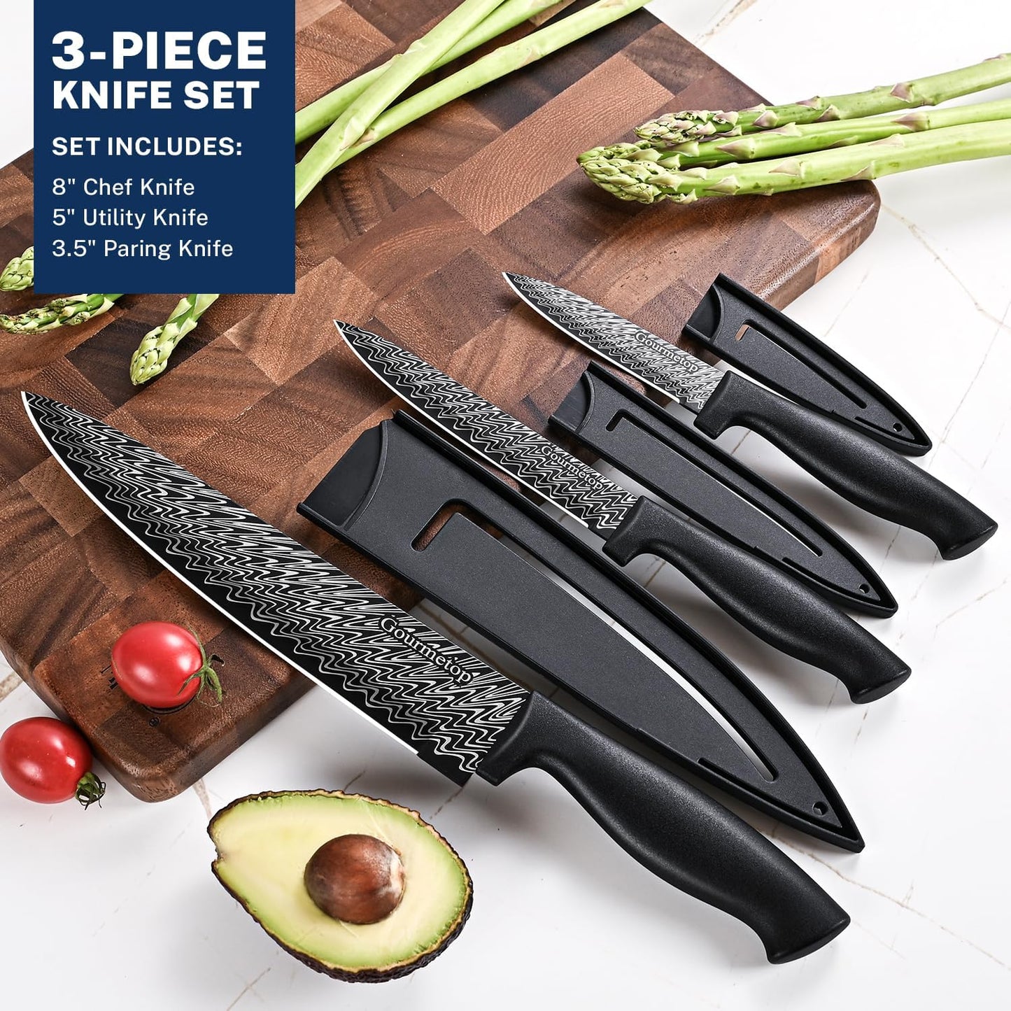 3-Pc Knife Set with Covers, Damascus Pattern, Chef, Utility & Paring
