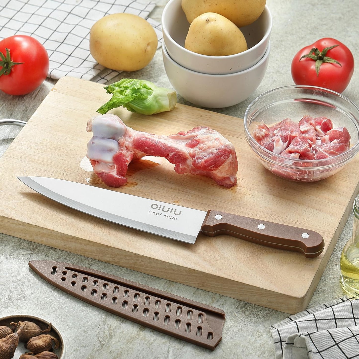 8-Inch Chef Knife with Sheath, German Steel, Ergonomic, Brown