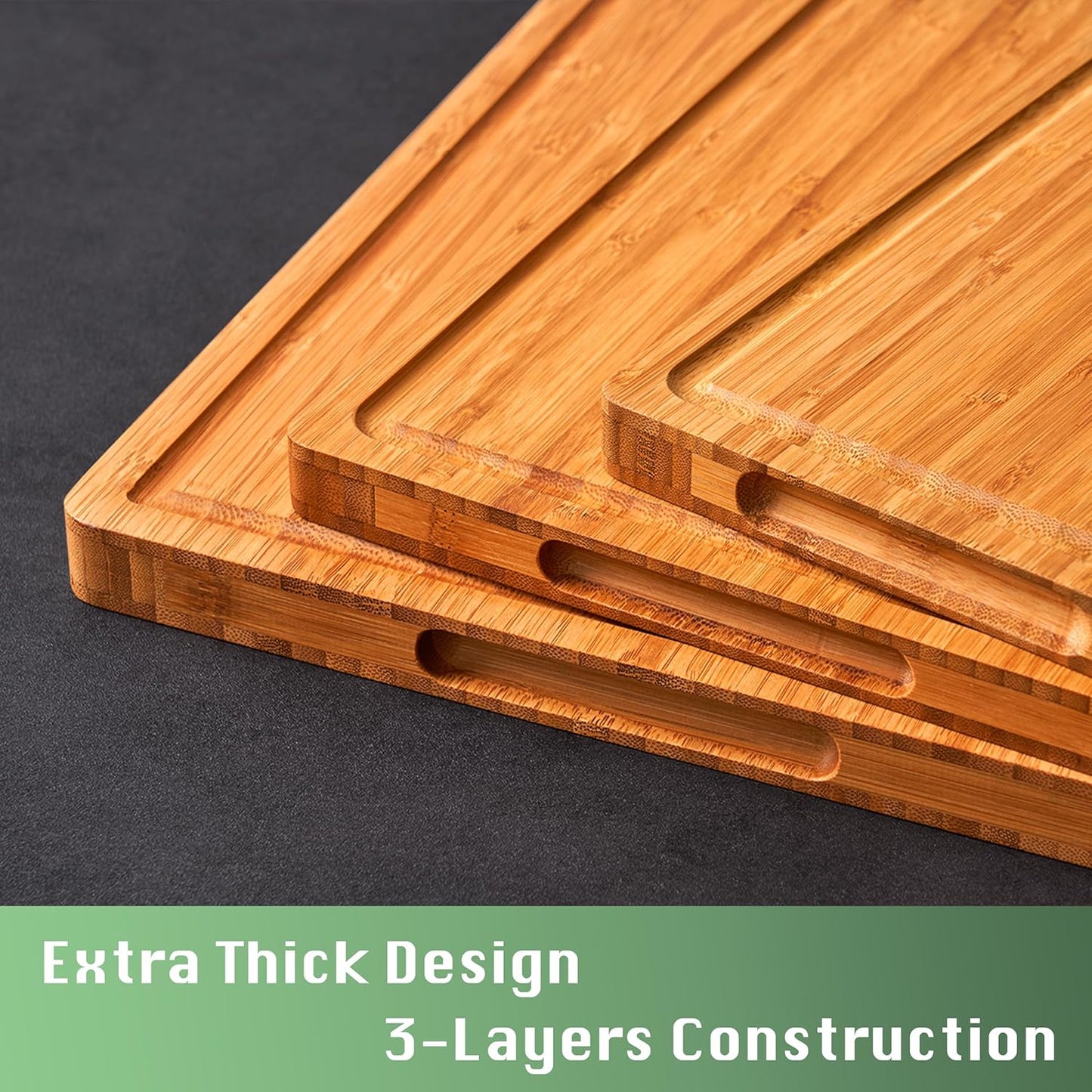 Bamboo Wood Cutting Board, 16x11 Inch, 1 Inch Thick, with Side Handles & Juice Grooves