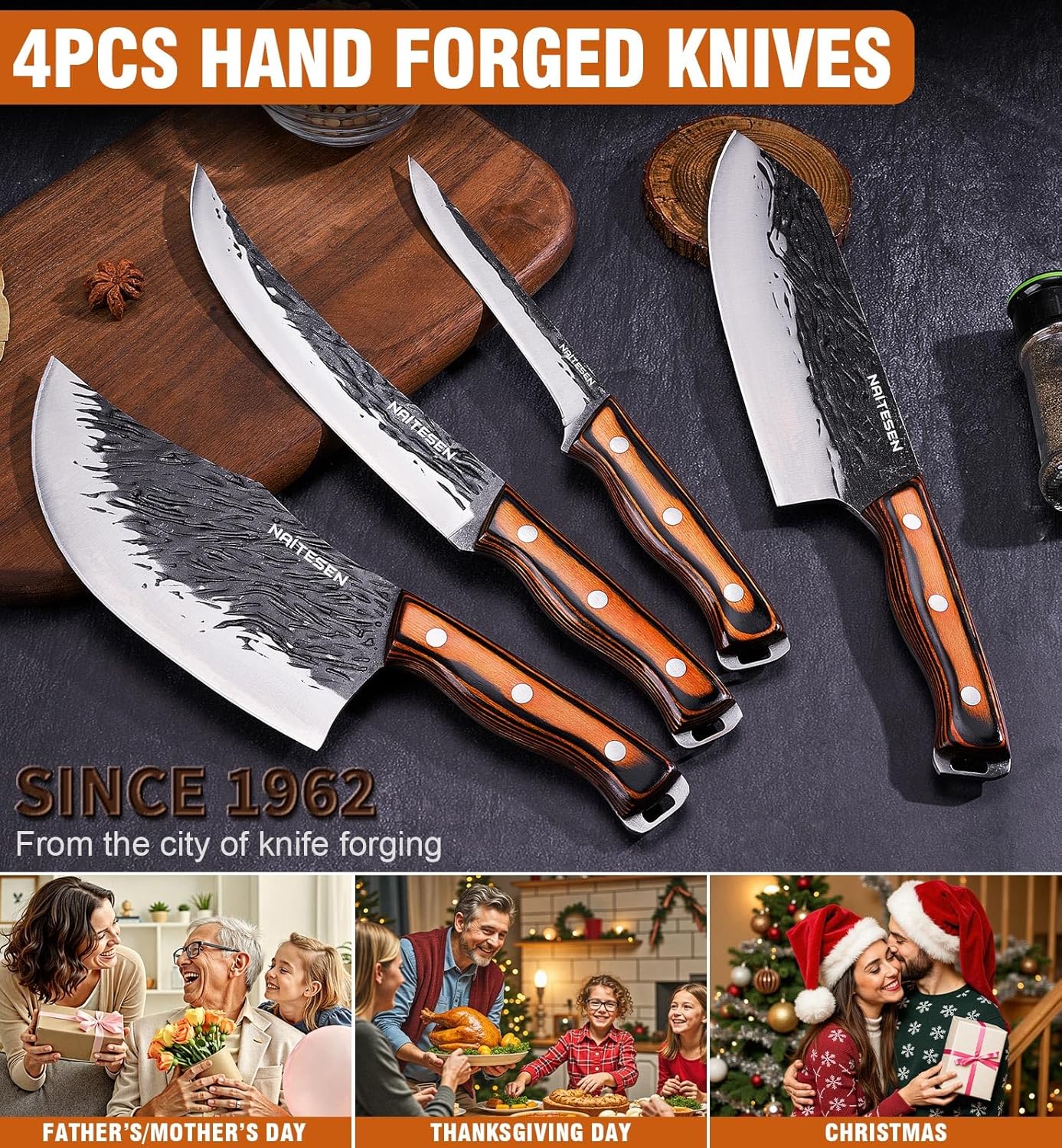 4-Pc Butcher Knife Set, Hand Forged, Heavy Duty, Meat Cleaver
